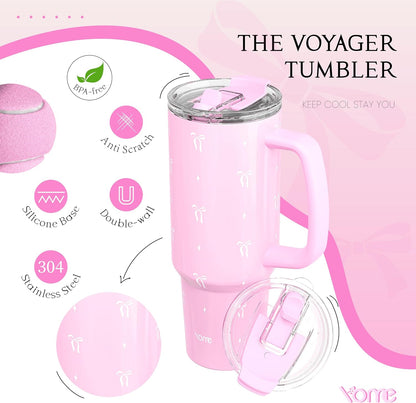 YOME 40oz Bow Cherry Tumbler Handle and Flip Straw | Stainless Steel Insulated Cute Water Bottle | Keeps Drinks Cold | Dishwasher Safe | Cupholder Friendly | Gift Gym Travel Yoga - Colors B