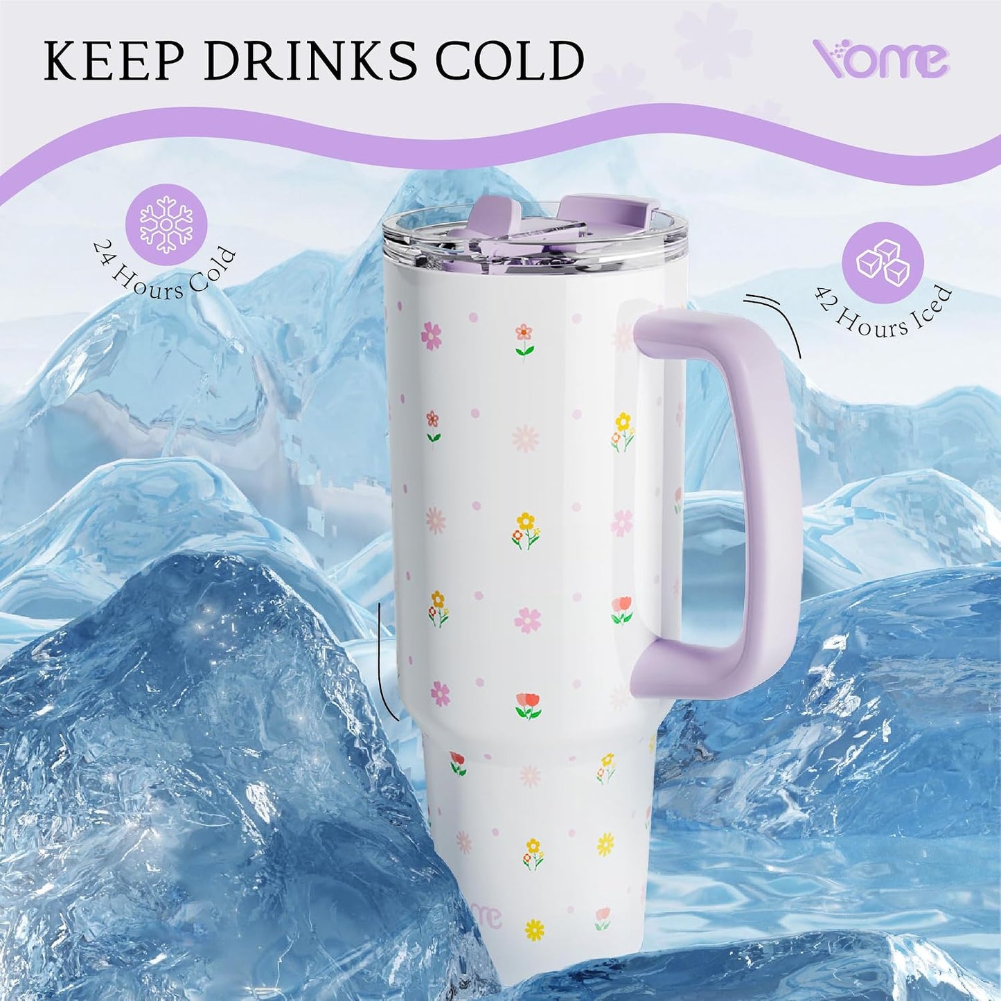 YOME 40oz Bow Cherry Tumbler Handle and Flip Straw | Stainless Steel Insulated Cute Water Bottle | Keeps Drinks Cold | Dishwasher Safe | Cupholder Friendly | Gift Gym Travel Yoga - Colors B