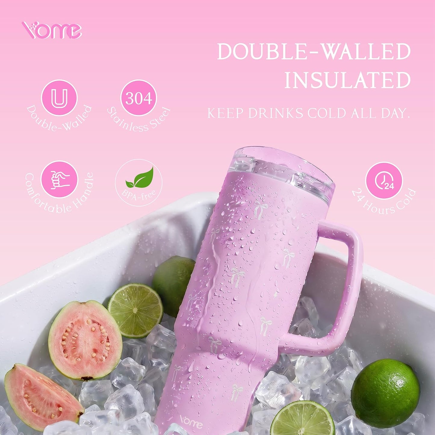 YOME 40oz Bow Cherry Tumbler Handle and Flip Straw | Stainless Steel Insulated Cute Water Bottle | Keeps Drinks Cold | Dishwasher Safe | Cupholder Friendly | Gift Gym Travel Yoga - Colors B