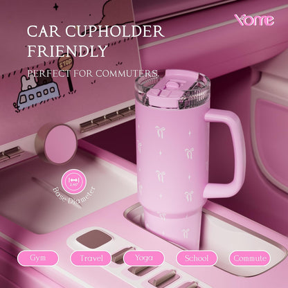 YOME 40oz Bow Cherry Tumbler Handle and Flip Straw | Stainless Steel Insulated Cute Water Bottle | Keeps Drinks Cold | Dishwasher Safe | Cupholder Friendly | Gift Gym Travel Yoga - Colors B