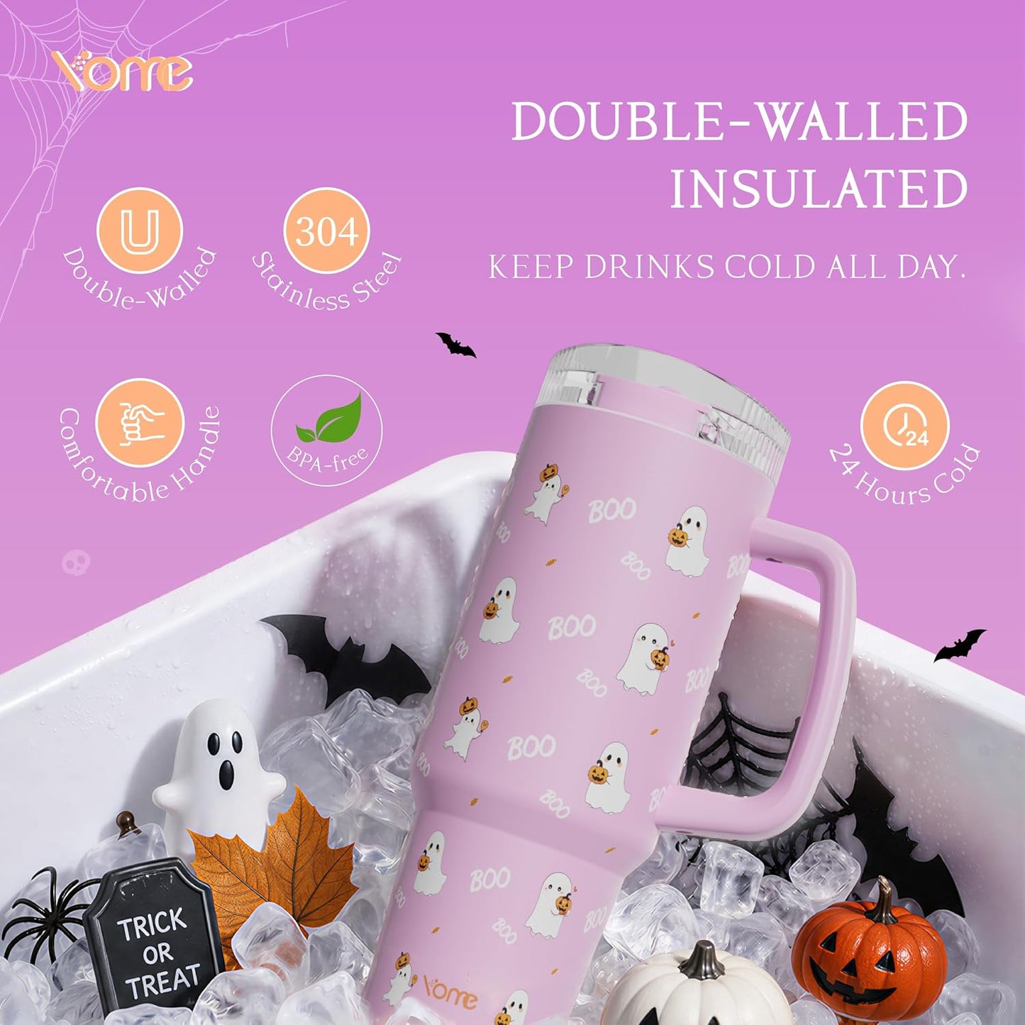 YOME 40oz Bow Cherry Tumbler Handle and Flip Straw | Stainless Steel Insulated Cute Water Bottle | Keeps Drinks Cold | Dishwasher Safe | Cupholder Friendly | Gift Gym Travel Yoga - Colors B