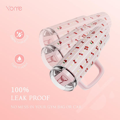 YOME 40oz Bow Cherry Tumbler Handle and Flip Straw | Stainless Steel Insulated Cute Water Bottle | Keeps Drinks Cold | Dishwasher Safe | Cupholder Friendly | Gift Gym Travel Yoga - Colors B