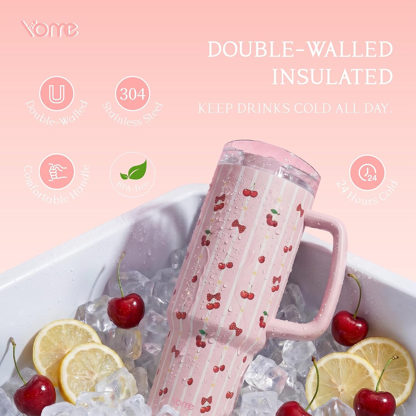 YOME 40oz Bow Cherry Tumbler Handle and Flip Straw | Stainless Steel Insulated Cute Water Bottle | Keeps Drinks Cold | Dishwasher Safe | Cupholder Friendly | Gift Gym Travel Yoga - Colors B