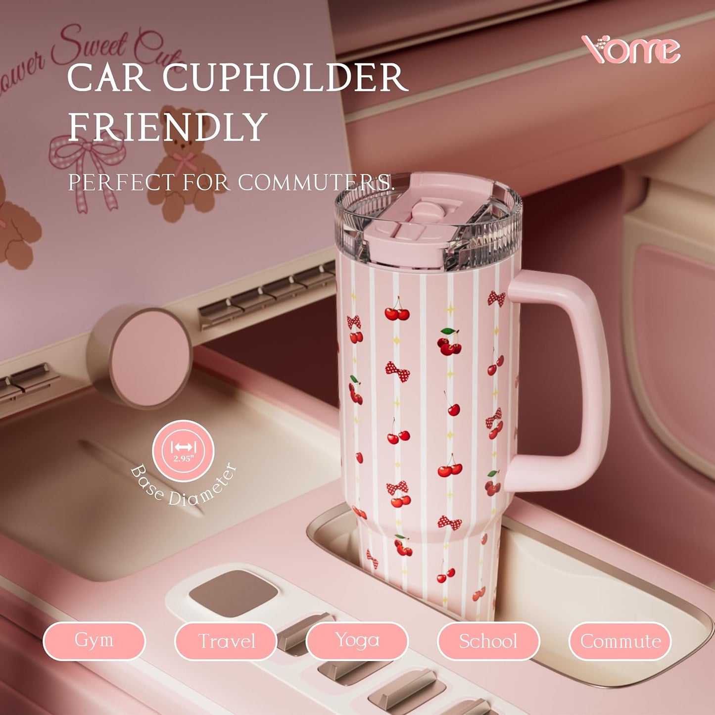 YOME 40oz Bow Cherry Tumbler Handle and Flip Straw | Stainless Steel Insulated Cute Water Bottle | Keeps Drinks Cold | Dishwasher Safe | Cupholder Friendly | Gift Gym Travel Yoga - Colors B