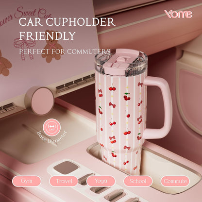 YOME 40oz Bow Cherry Tumbler Handle and Flip Straw | Stainless Steel Insulated Cute Water Bottle | Keeps Drinks Cold | Dishwasher Safe | Cupholder Friendly | Gift Gym Travel Yoga - Colors B