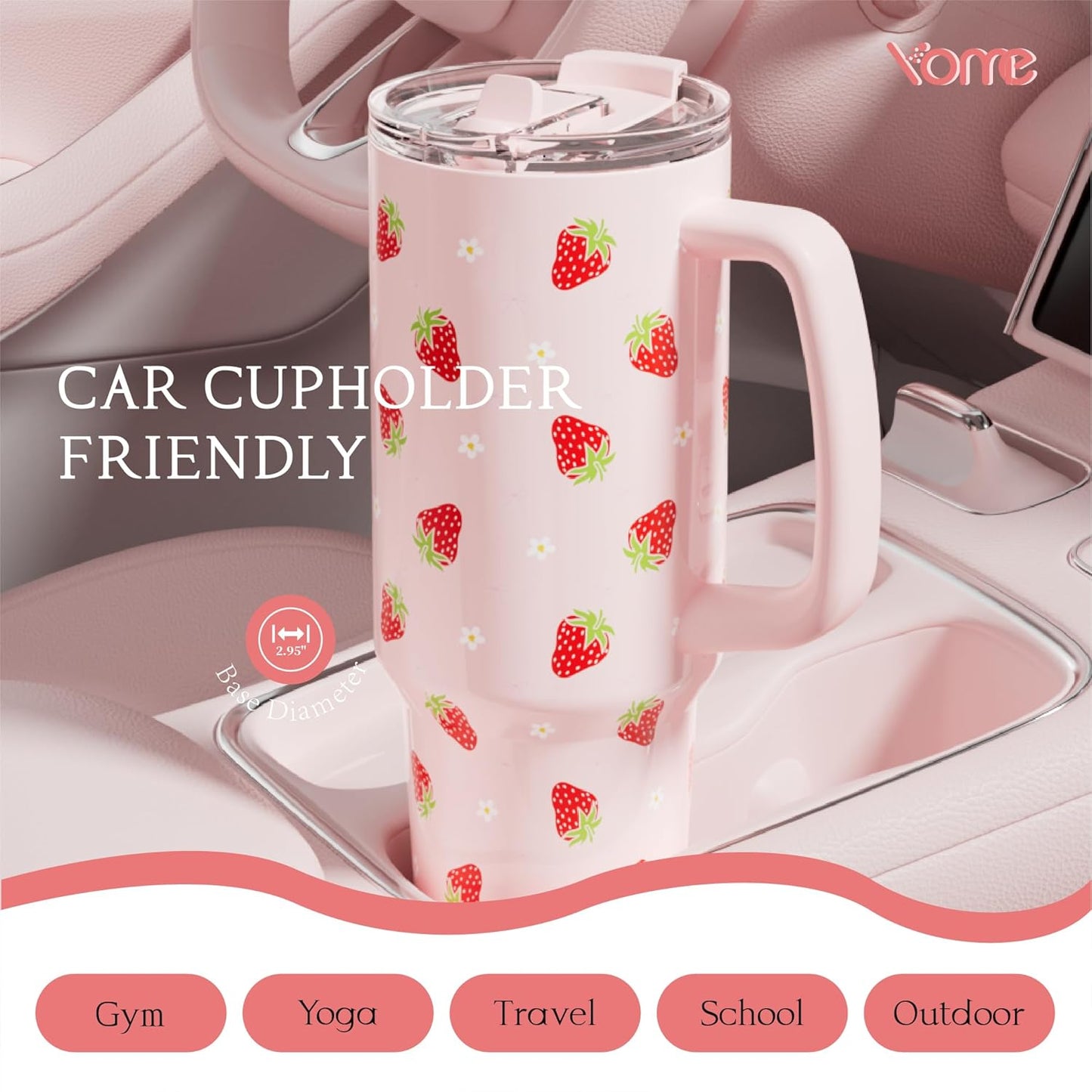 YOME 40oz Bow Cherry Tumbler Handle and Flip Straw | Stainless Steel Insulated Cute Water Bottle | Keeps Drinks Cold | Dishwasher Safe | Cupholder Friendly | Gift Gym Travel Yoga - Colors B