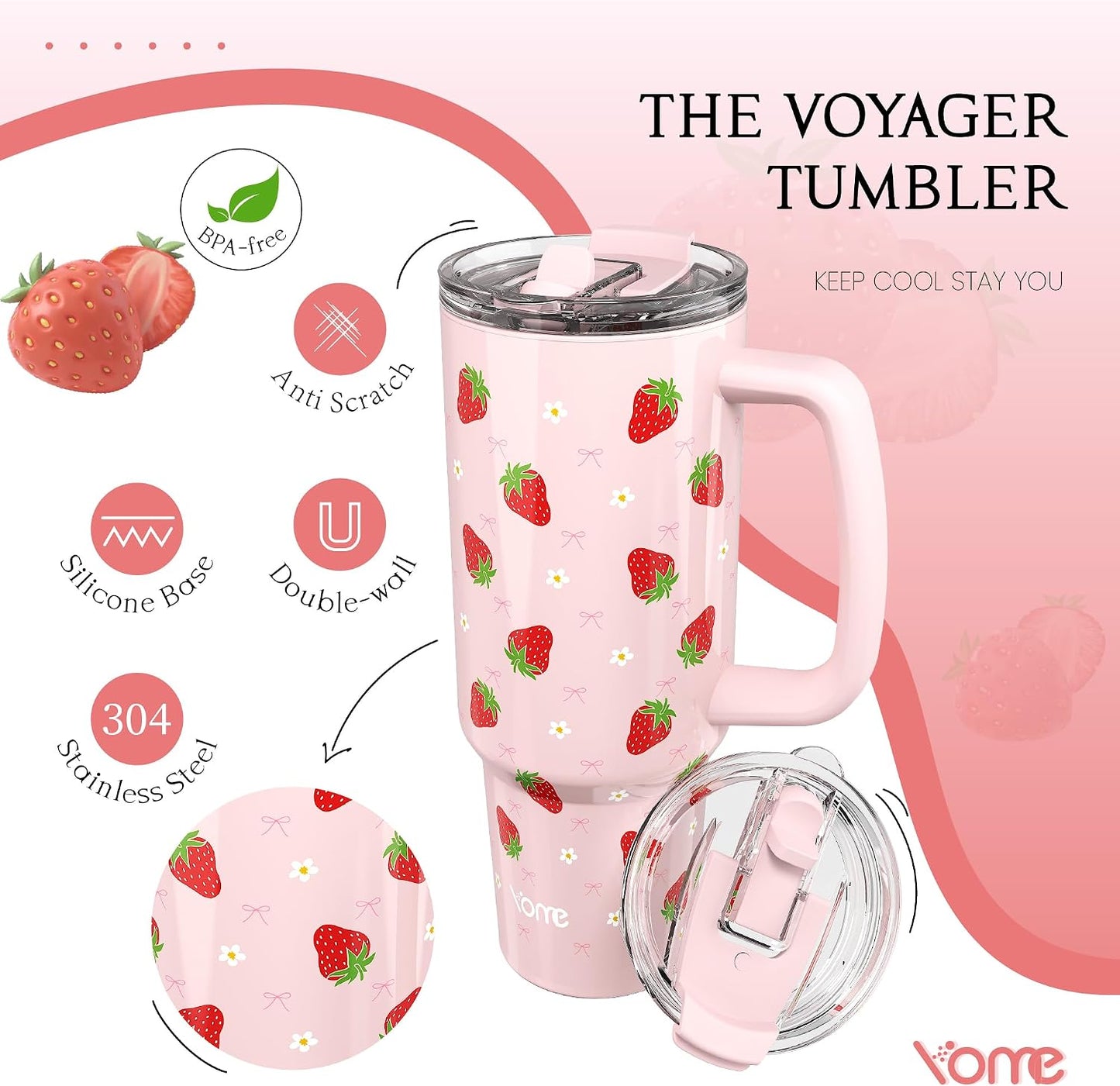 YOME 40oz Bow Cherry Tumbler Handle and Flip Straw | Stainless Steel Insulated Cute Water Bottle | Keeps Drinks Cold | Dishwasher Safe | Cupholder Friendly | Gift Gym Travel Yoga - Colors B