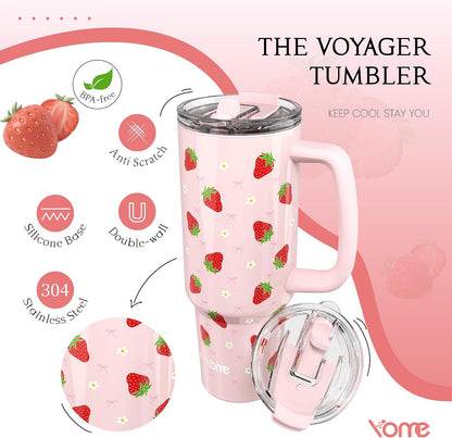 YOME 40oz Bow Cherry Tumbler Handle and Flip Straw | Stainless Steel Insulated Cute Water Bottle | Keeps Drinks Cold | Dishwasher Safe | Cupholder Friendly | Gift Gym Travel Yoga - Colors B