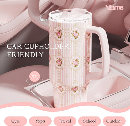YOME 40oz Bow Cherry Tumbler Handle and Flip Straw | Stainless Steel Insulated Cute Water Bottle | Keeps Drinks Cold | Dishwasher Safe | Cupholder Friendly | Gift Gym Travel Yoga - Colors B