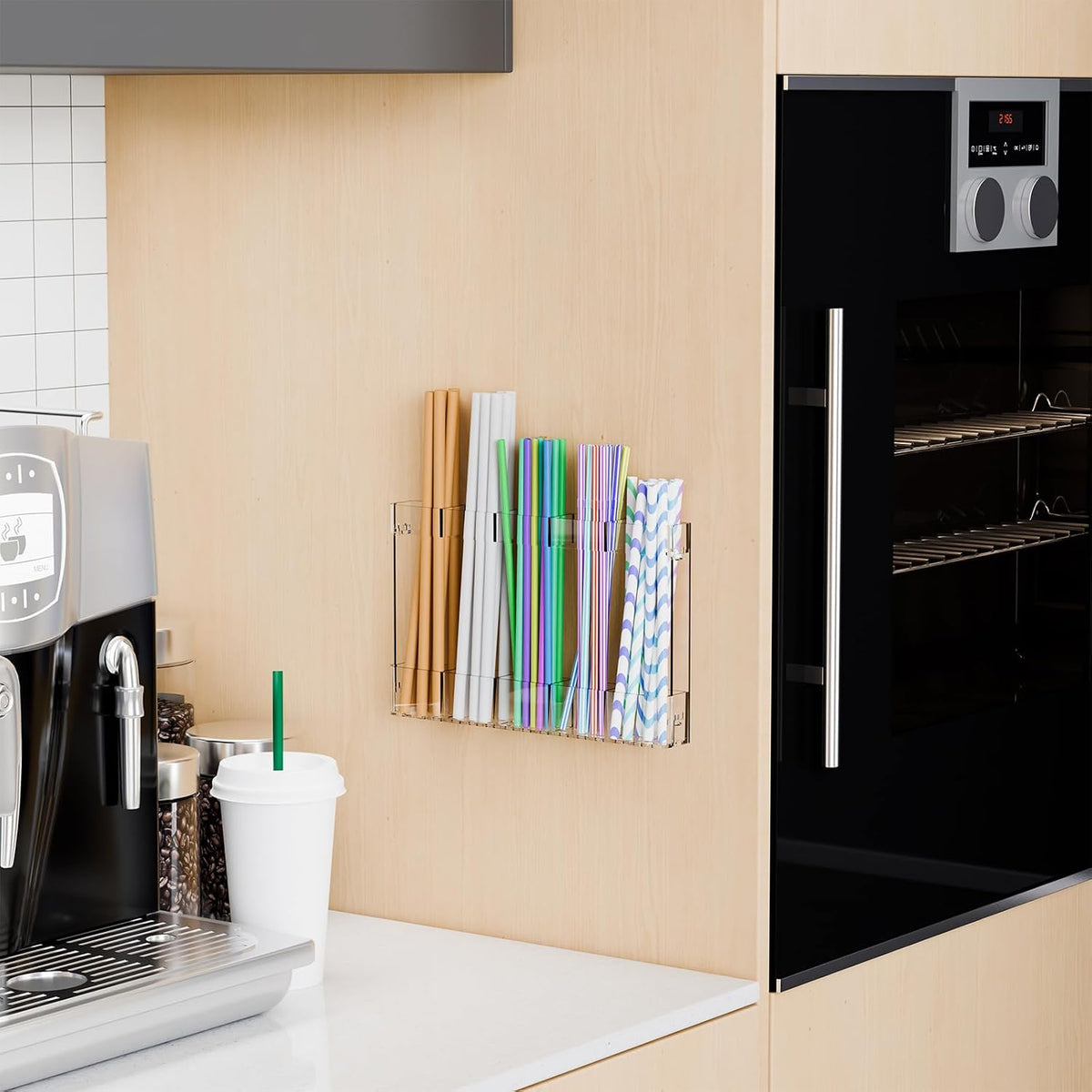 Acrylic Straw Holder for Cabinet Door- with Adhesive,No Damage Installation - 9.4 Inch Water Bottle,Cup,Drinking and Tumbler Reusable Straw Organizer Storage for Cupboard Door,Clear,Pack of 1