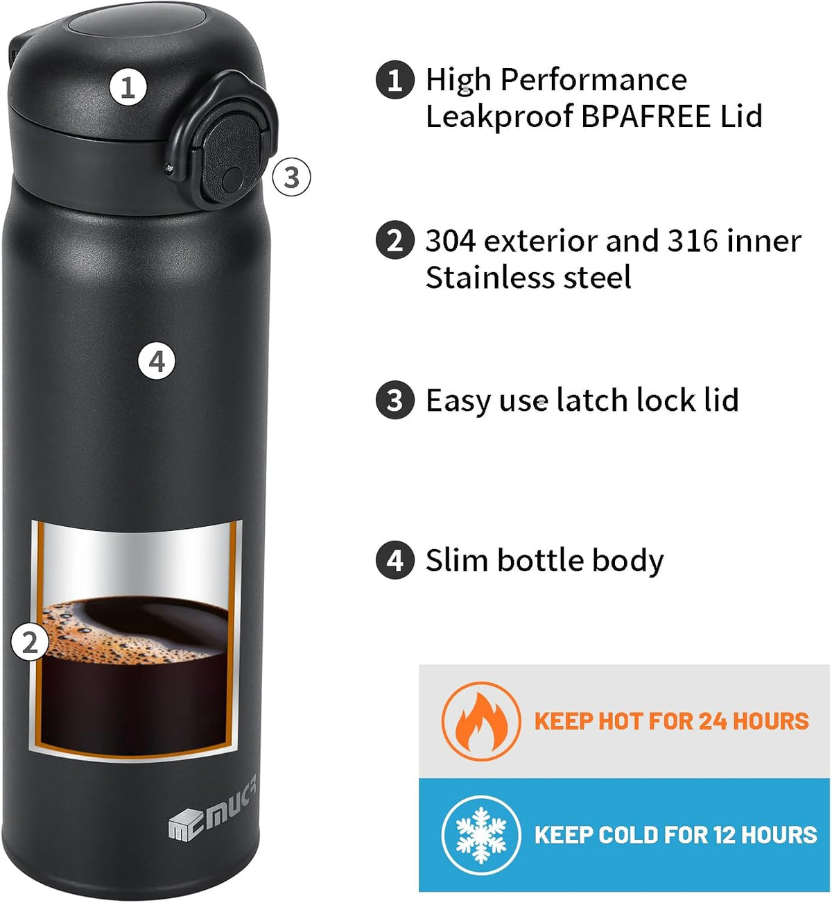 17oz BPA-Free Flip Lid Water Bottle, Cup Holder Compatible, Black