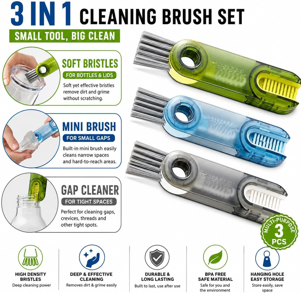 3-in-1 Cleaning Brush for Cups, Bottles & Keyboards, Multifunctional Detail Cleaning Tool for Lids, Gaps, Earbuds & Hard-to-Reach Areas, Compact Portable Cleaning Kit for Home, Office & Travel.