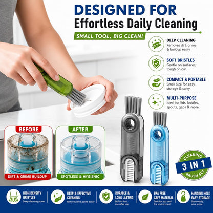 3-in-1 Cleaning Brush for Cups, Bottles & Keyboards, Multifunctional Detail Cleaning Tool for Lids, Gaps, Earbuds & Hard-to-Reach Areas, Compact Portable Cleaning Kit for Home, Office & Travel.