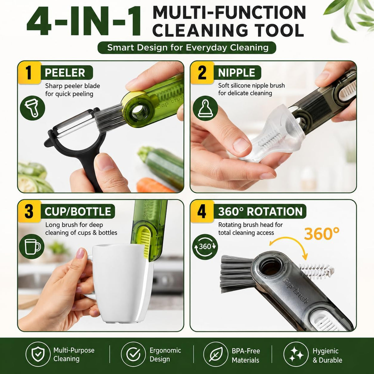 3-in-1 Cleaning Brush for Cups, Bottles & Keyboards, Multifunctional Detail Cleaning Tool for Lids, Gaps, Earbuds & Hard-to-Reach Areas, Compact Portable Cleaning Kit for Home, Office & Travel.