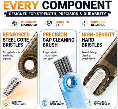 3-in-1 Cleaning Brush for Cups, Bottles & Keyboards, Multifunctional Detail Cleaning Tool for Lids, Gaps, Earbuds & Hard-to-Reach Areas, Compact Portable Cleaning Kit for Home, Office & Travel.