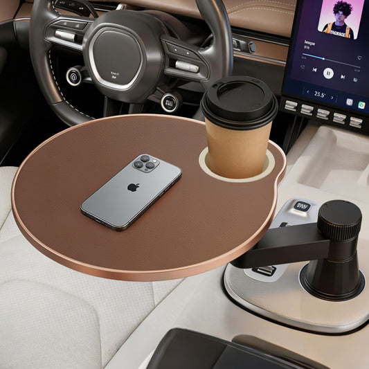 Car Tray Cup Holder Desk, 360° Rotating PU Leather Food Car Table - Steering Wheel Tray Road Trip Essentials Accessories for Tesla Model Y/3/S, Ford F150 Most Vehicles