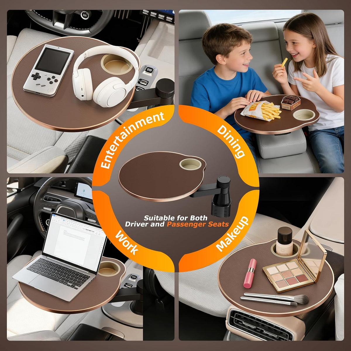 Car Tray Cup Holder Desk, 360° Rotating PU Leather Food Car Table - Steering Wheel Tray Road Trip Essentials Accessories for Tesla Model Y/3/S, Ford F150 Most Vehicles