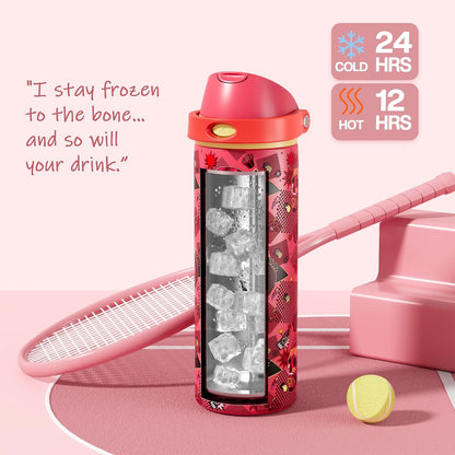 24 oz Stainless Steel Water Bottle: 2-in-1 Push-Button Spout & Quick-Flip Straw, Leakproof, Cold 24Hrs, Fits Car Cup Holder, Insulated Vacuum Flask for Sports, Trip, School Gift (Storm Hammer) - Colors A