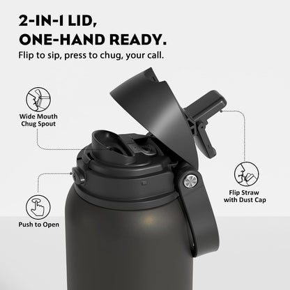 24 oz Stainless Steel Water Bottle: 2-in-1 Push-Button Spout & Quick-Flip Straw, Leakproof, Cold 24Hrs, Fits Car Cup Holder, Insulated Vacuum Flask for Sports, Trip, School Gift (Storm Hammer) - Colors A