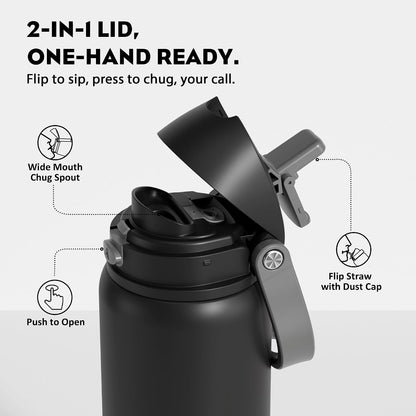 24 oz Stainless Steel Water Bottle: 2-in-1 Push-Button Spout & Quick-Flip Straw, Leakproof, Cold 24Hrs, Fits Car Cup Holder, Insulated Vacuum Flask for Sports, Trip, School Gift (Storm Hammer) - Colors A