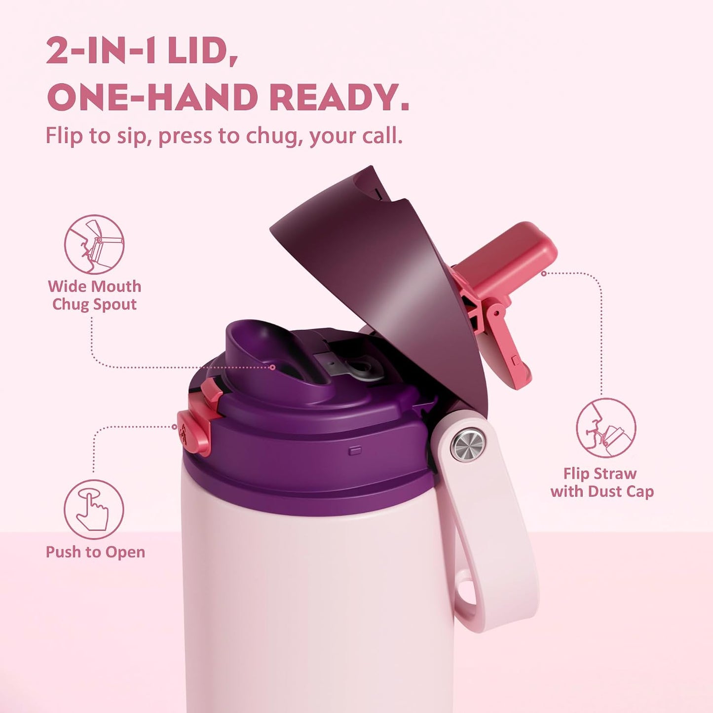 24 oz Stainless Steel Water Bottle: 2-in-1 Push-Button Spout & Quick-Flip Straw, Leakproof, Cold 24Hrs, Fits Car Cup Holder, Insulated Vacuum Flask for Sports, Trip, School Gift (Storm Hammer) - Colors A