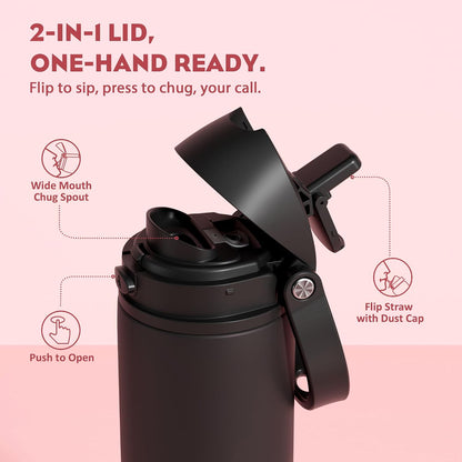 24 oz Stainless Steel Water Bottle: 2-in-1 Push-Button Spout & Quick-Flip Straw, Leakproof, Cold 24Hrs, Fits Car Cup Holder, Insulated Vacuum Flask for Sports, Trip, School Gift (Storm Hammer) - Colors A