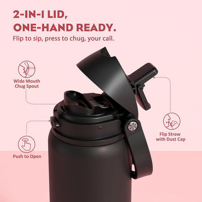 24 oz Stainless Steel Water Bottle: 2-in-1 Push-Button Spout & Quick-Flip Straw, Leakproof, Cold 24Hrs, Fits Car Cup Holder, Insulated Vacuum Flask for Sports, Trip, School Gift (Storm Hammer) - Colors A