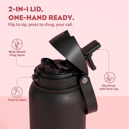 24 oz Stainless Steel Water Bottle: 2-in-1 Push-Button Spout & Quick-Flip Straw, Leakproof, Cold 24Hrs, Fits Car Cup Holder, Insulated Vacuum Flask for Sports, Trip, School Gift (Storm Hammer) - Colors A