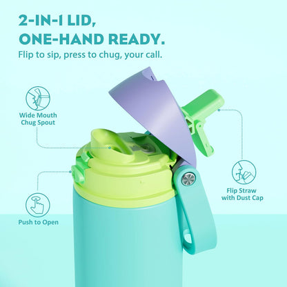 24 oz Stainless Steel Water Bottle: 2-in-1 Push-Button Spout & Quick-Flip Straw, Leakproof, Cold 24Hrs, Fits Car Cup Holder, Insulated Vacuum Flask for Sports, Trip, School Gift (Storm Hammer) - Colors A