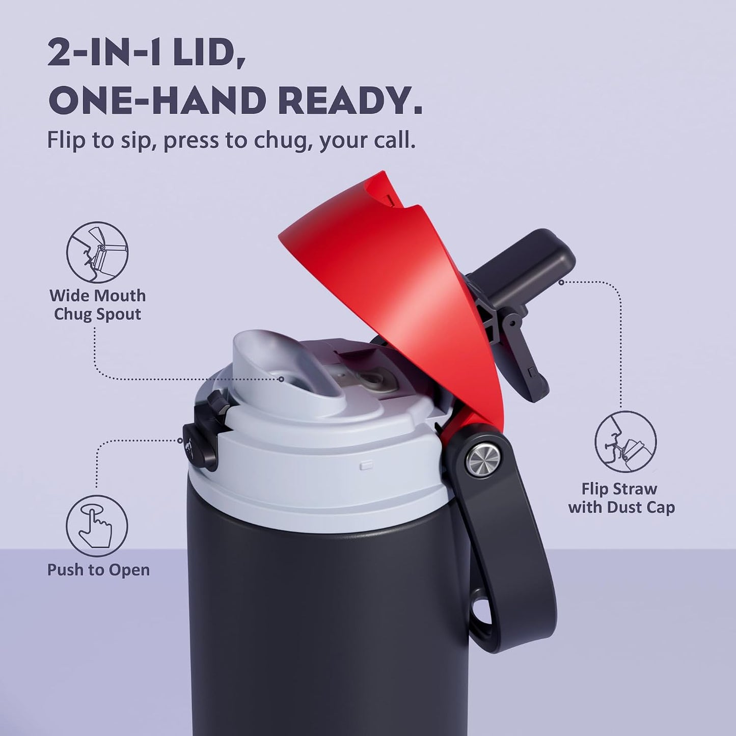 24 oz Stainless Steel Water Bottle: 2-in-1 Push-Button Spout & Quick-Flip Straw, Leakproof, Cold 24Hrs, Fits Car Cup Holder, Insulated Vacuum Flask for Sports, Trip, School Gift (Storm Hammer) - Colors A