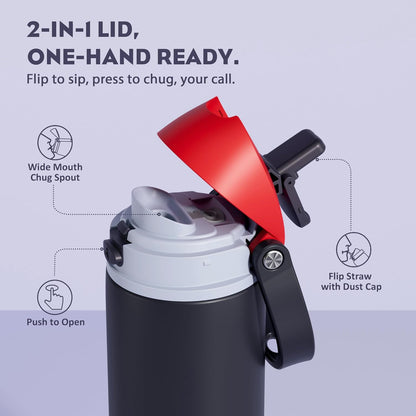 24 oz Stainless Steel Water Bottle: 2-in-1 Push-Button Spout & Quick-Flip Straw, Leakproof, Cold 24Hrs, Fits Car Cup Holder, Insulated Vacuum Flask for Sports, Trip, School Gift (Storm Hammer) - Colors A