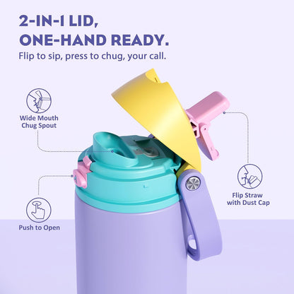 24 oz Stainless Steel Water Bottle: 2-in-1 Push-Button Spout & Quick-Flip Straw, Leakproof, Cold 24Hrs, Fits Car Cup Holder, Insulated Vacuum Flask for Sports, Trip, School Gift (Storm Hammer) - Colors A