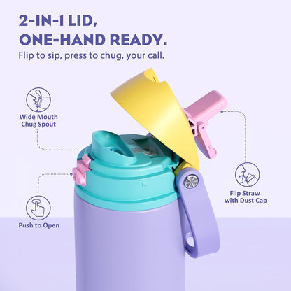 24 oz Stainless Steel Water Bottle: 2-in-1 Push-Button Spout & Quick-Flip Straw, Leakproof, Cold 24Hrs, Fits Car Cup Holder, Insulated Vacuum Flask for Sports, Trip, School Gift (Storm Hammer) - Colors A