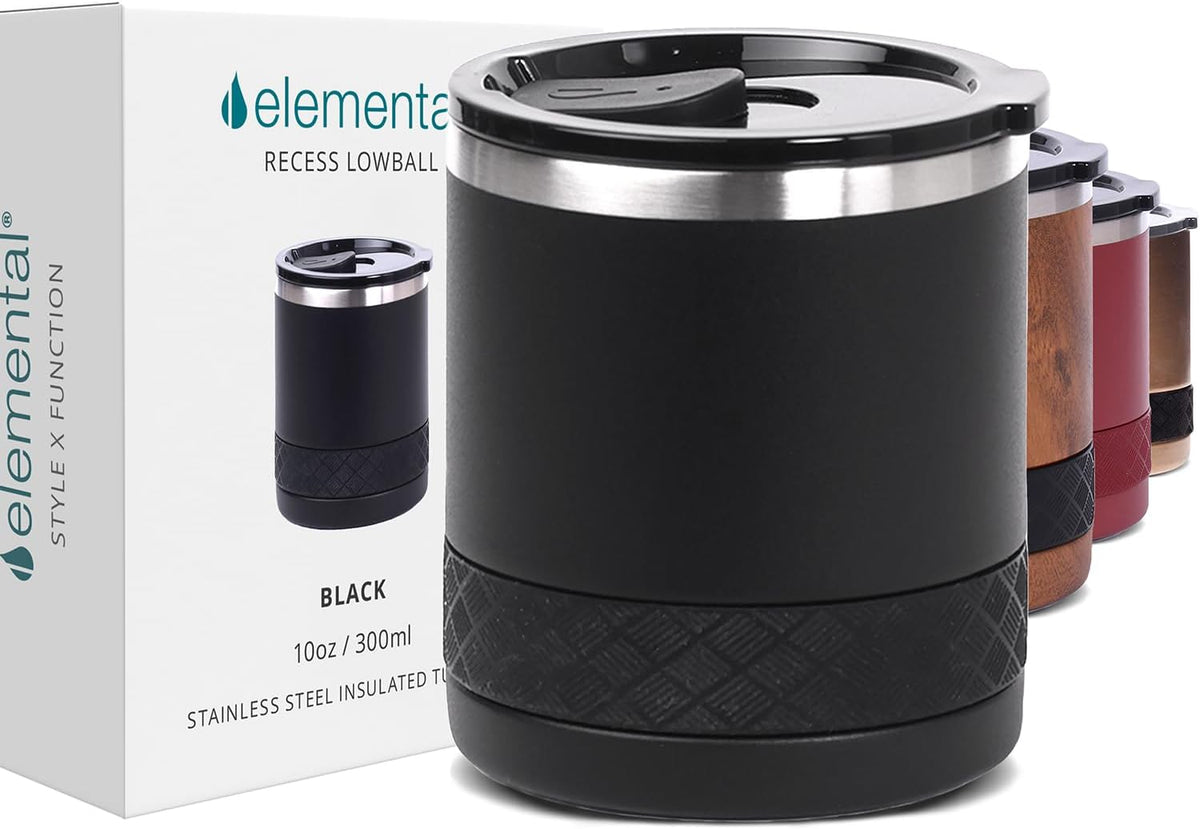 Recess Lowball Tumbler, 10oz Triple Wall Stainless Steel Cup with Non-Shattered Tritan Lid, Insulated Whiskey Glass, Insulated Coffee Tumbler Mug for Hot & Cold Drinks - Black