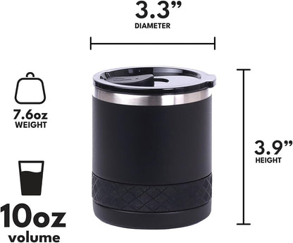 Recess Lowball Tumbler, 10oz Triple Wall Stainless Steel Cup with Non-Shattered Tritan Lid, Insulated Whiskey Glass, Insulated Coffee Tumbler Mug for Hot & Cold Drinks - Black