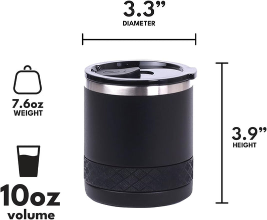 Recess Lowball Tumbler, 10oz Triple Wall Stainless Steel Cup with Non-Shattered Tritan Lid, Insulated Whiskey Glass, Insulated Coffee Tumbler Mug for Hot & Cold Drinks - Black