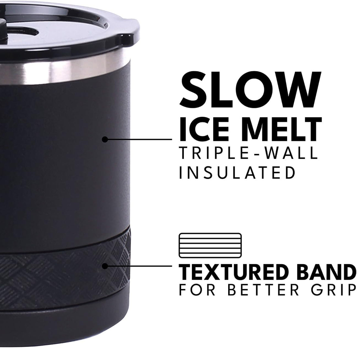 Recess Lowball Tumbler, 10oz Triple Wall Stainless Steel Cup with Non-Shattered Tritan Lid, Insulated Whiskey Glass, Insulated Coffee Tumbler Mug for Hot & Cold Drinks - Black