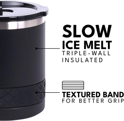 Recess Lowball Tumbler, 10oz Triple Wall Stainless Steel Cup with Non-Shattered Tritan Lid, Insulated Whiskey Glass, Insulated Coffee Tumbler Mug for Hot & Cold Drinks - Black