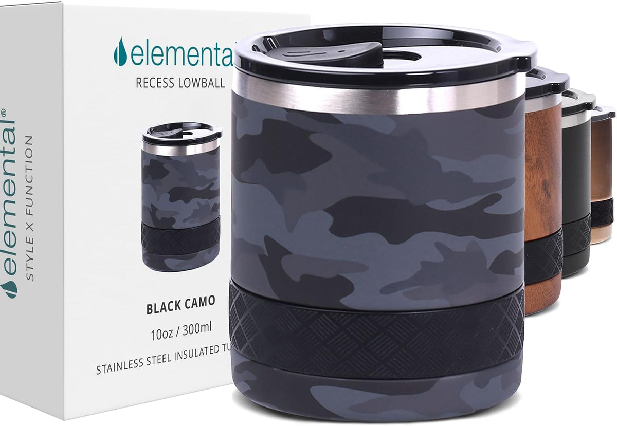 Recess Lowball Tumbler, 10oz Triple Wall Stainless Steel Cup with Non-Shattered Tritan Lid, Insulated Whiskey Glass, Insulated Coffee Tumbler Mug for Hot & Cold Drinks - Black