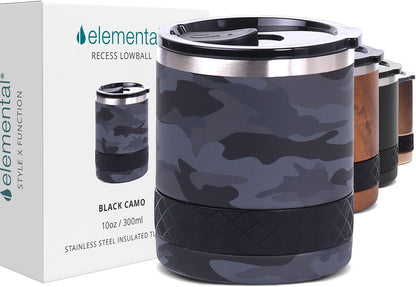 Recess Lowball Tumbler, 10oz Triple Wall Stainless Steel Cup with Non-Shattered Tritan Lid, Insulated Whiskey Glass, Insulated Coffee Tumbler Mug for Hot & Cold Drinks - Black