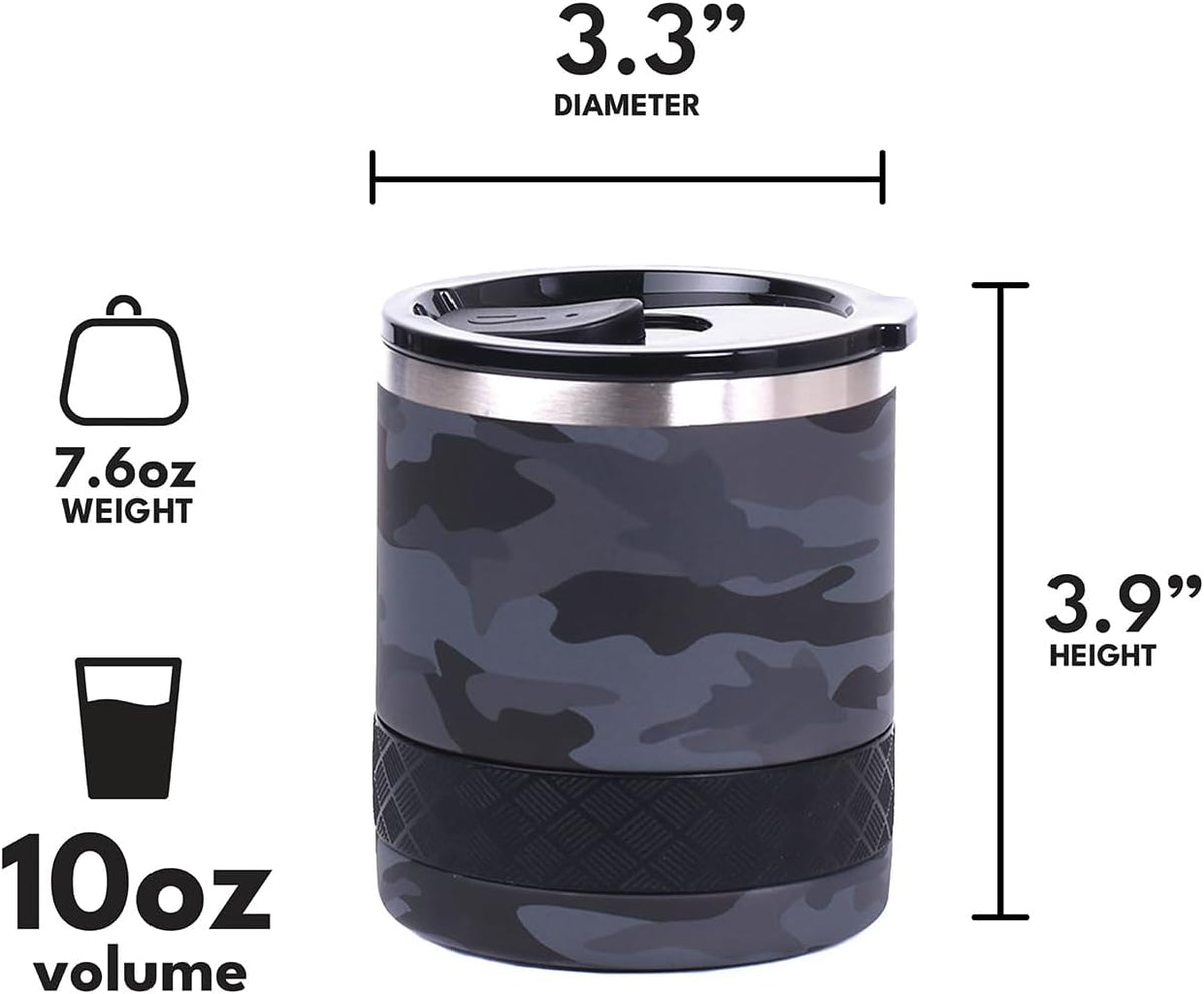 Recess Lowball Tumbler, 10oz Triple Wall Stainless Steel Cup with Non-Shattered Tritan Lid, Insulated Whiskey Glass, Insulated Coffee Tumbler Mug for Hot & Cold Drinks - Black