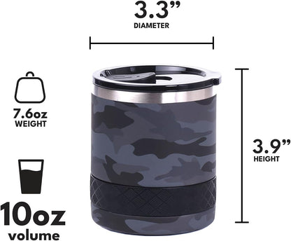 Recess Lowball Tumbler, 10oz Triple Wall Stainless Steel Cup with Non-Shattered Tritan Lid, Insulated Whiskey Glass, Insulated Coffee Tumbler Mug for Hot & Cold Drinks - Black