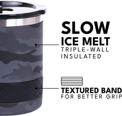 Recess Lowball Tumbler, 10oz Triple Wall Stainless Steel Cup with Non-Shattered Tritan Lid, Insulated Whiskey Glass, Insulated Coffee Tumbler Mug for Hot & Cold Drinks - Black