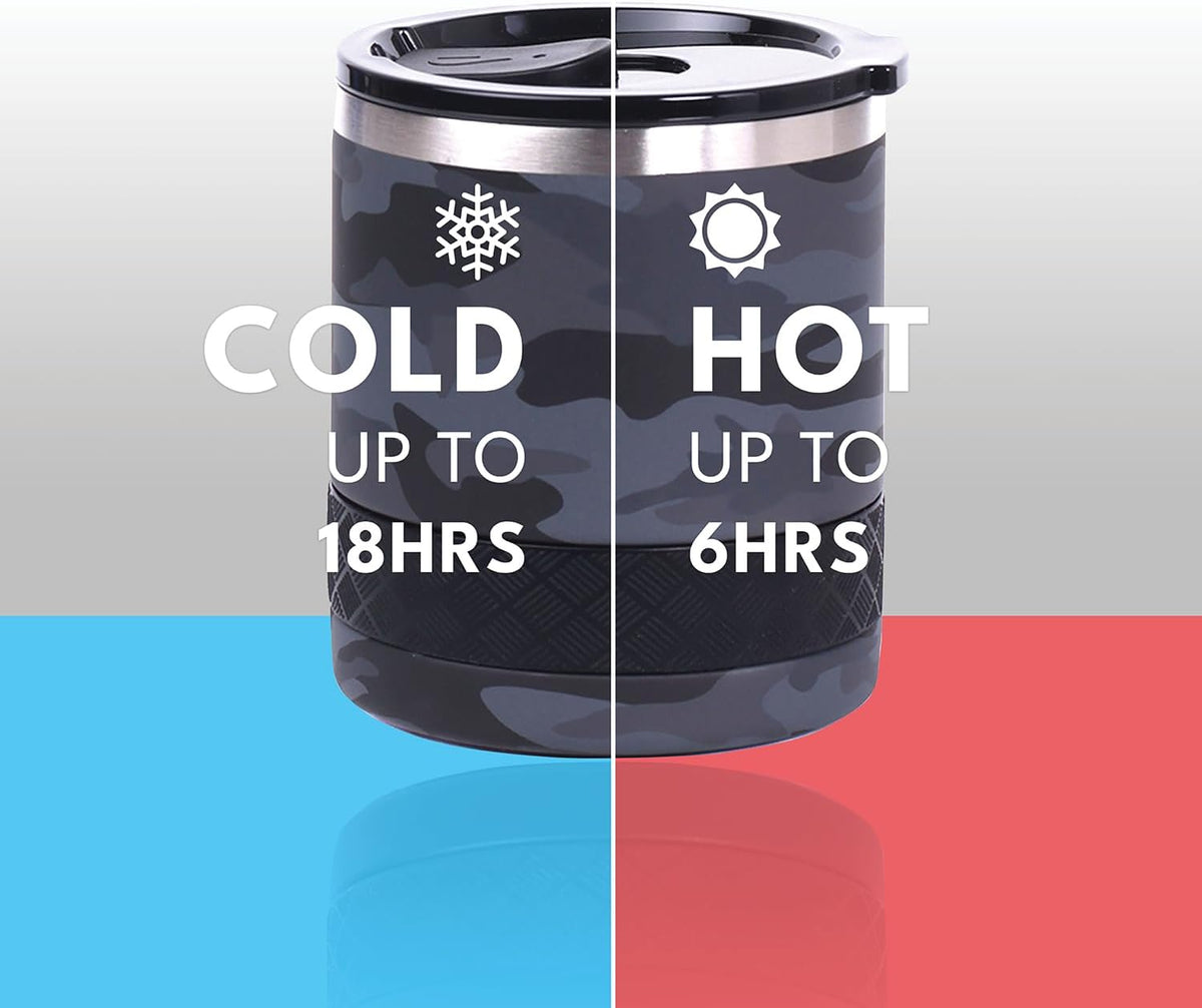 Recess Lowball Tumbler, 10oz Triple Wall Stainless Steel Cup with Non-Shattered Tritan Lid, Insulated Whiskey Glass, Insulated Coffee Tumbler Mug for Hot & Cold Drinks - Black