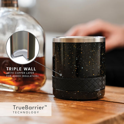 Recess Lowball Tumbler, 10oz Triple Wall Stainless Steel Cup with Non-Shattered Tritan Lid, Insulated Whiskey Glass, Insulated Coffee Tumbler Mug for Hot & Cold Drinks - Black