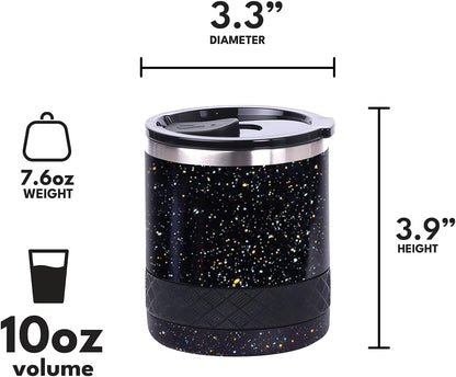 Recess Lowball Tumbler, 10oz Triple Wall Stainless Steel Cup with Non-Shattered Tritan Lid, Insulated Whiskey Glass, Insulated Coffee Tumbler Mug for Hot & Cold Drinks - Black