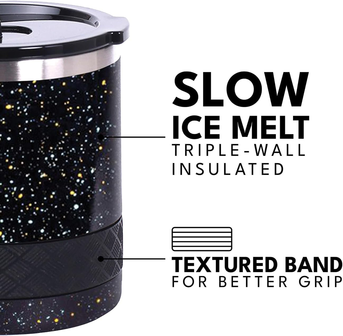 Recess Lowball Tumbler, 10oz Triple Wall Stainless Steel Cup with Non-Shattered Tritan Lid, Insulated Whiskey Glass, Insulated Coffee Tumbler Mug for Hot & Cold Drinks - Black