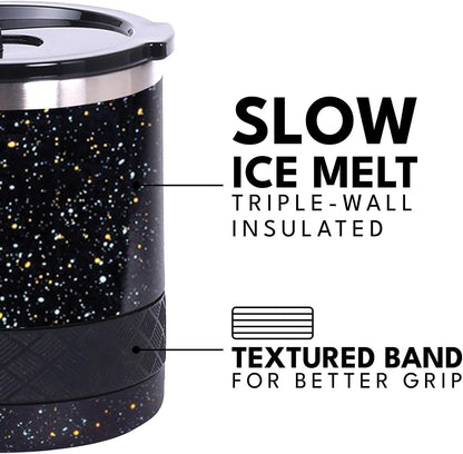 Recess Lowball Tumbler, 10oz Triple Wall Stainless Steel Cup with Non-Shattered Tritan Lid, Insulated Whiskey Glass, Insulated Coffee Tumbler Mug for Hot & Cold Drinks - Black