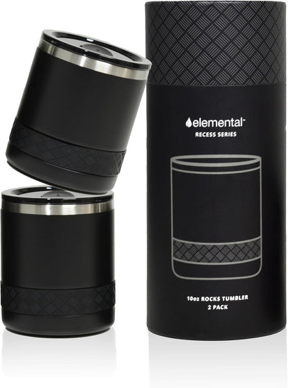 Recess Lowball Tumbler, 10oz Triple Wall Stainless Steel Cup with Non-Shattered Tritan Lid, Insulated Whiskey Glass, Insulated Coffee Tumbler Mug for Hot & Cold Drinks - Black