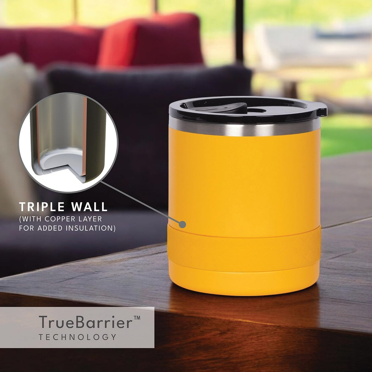 Recess Lowball Tumbler, 10oz Triple Wall Stainless Steel Cup with Non-Shattered Tritan Lid, Insulated Whiskey Glass, Insulated Coffee Tumbler Mug for Hot & Cold Drinks - Black